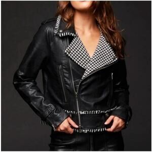 FATE Faux Black Leather Houndstooth Print Fringe Trim Moto Jacket Size L